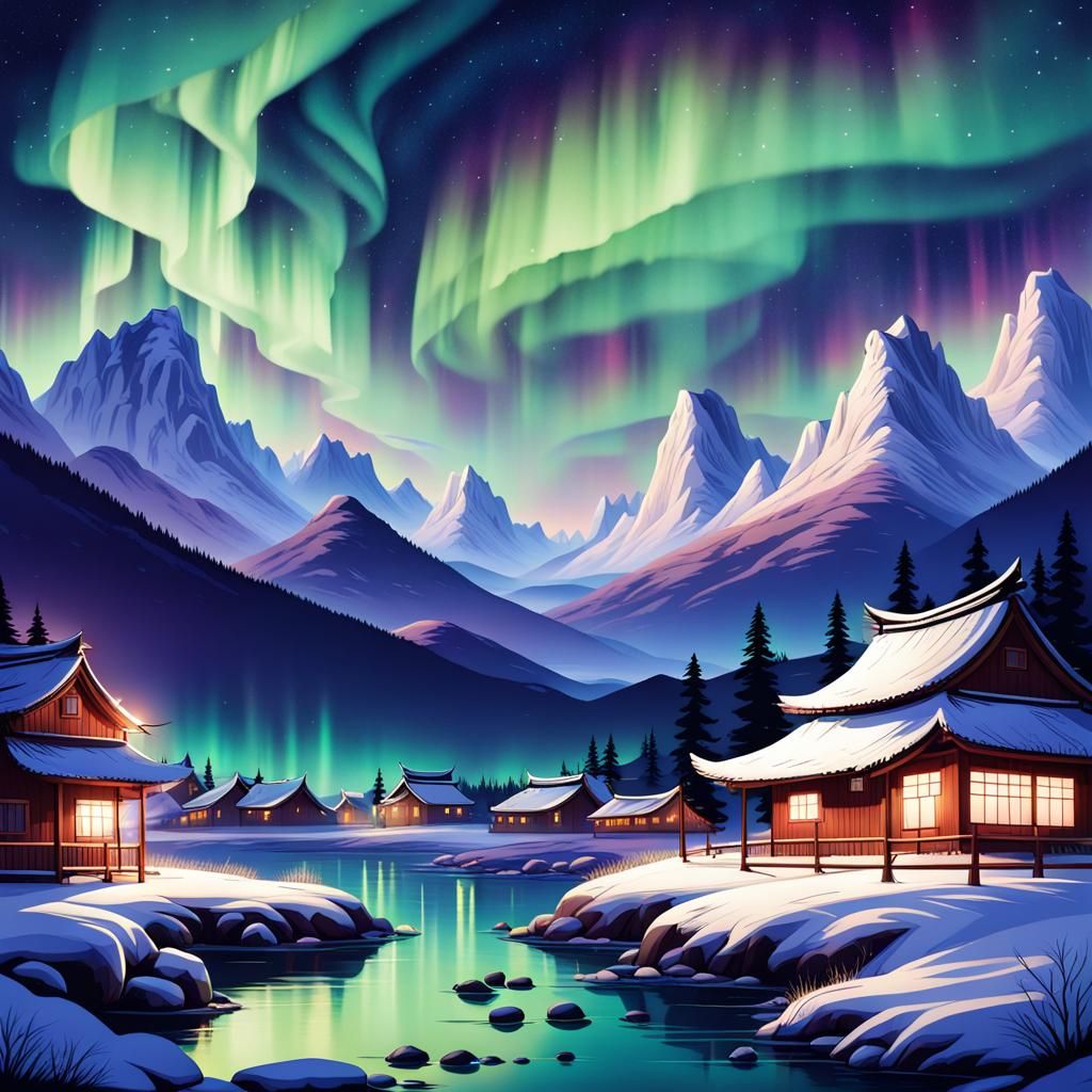 Asian Village Landscape with Aurora Borealis
