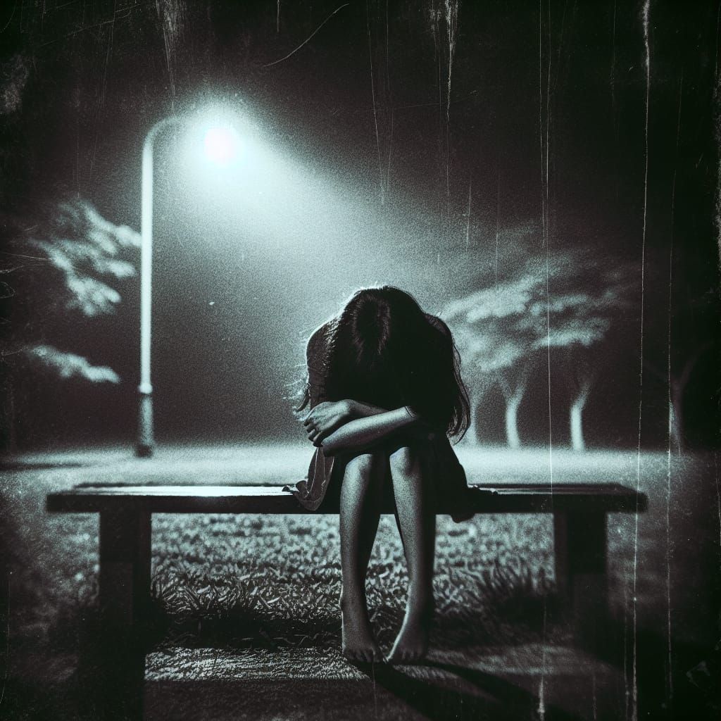 Lonely Woman in a Dark Park at Night