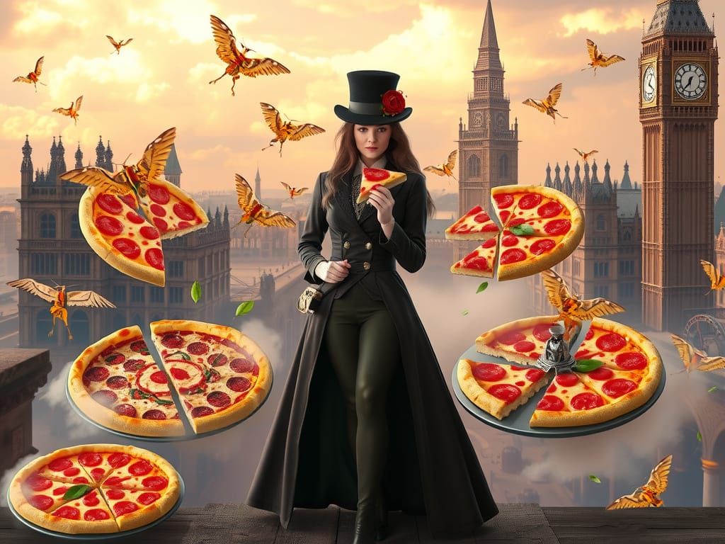 Steampunk Pizza Islands in Victorian Cityscape