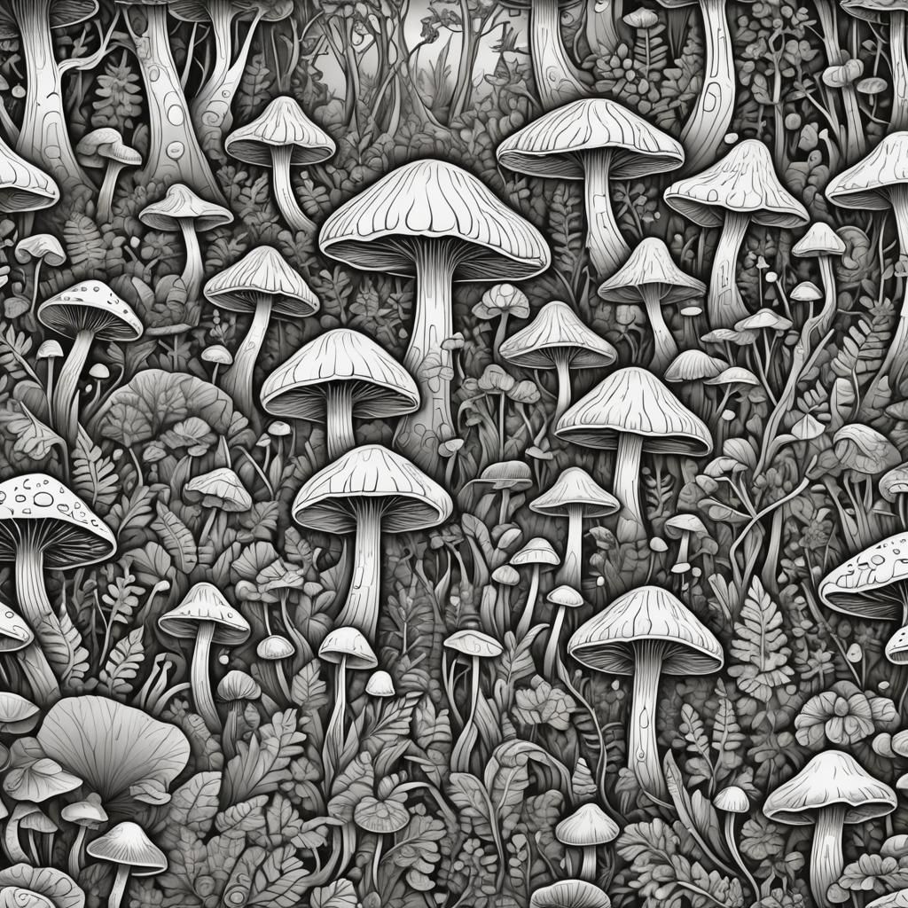 Mushroom Forest Coloring Book Page with Fractal Elements