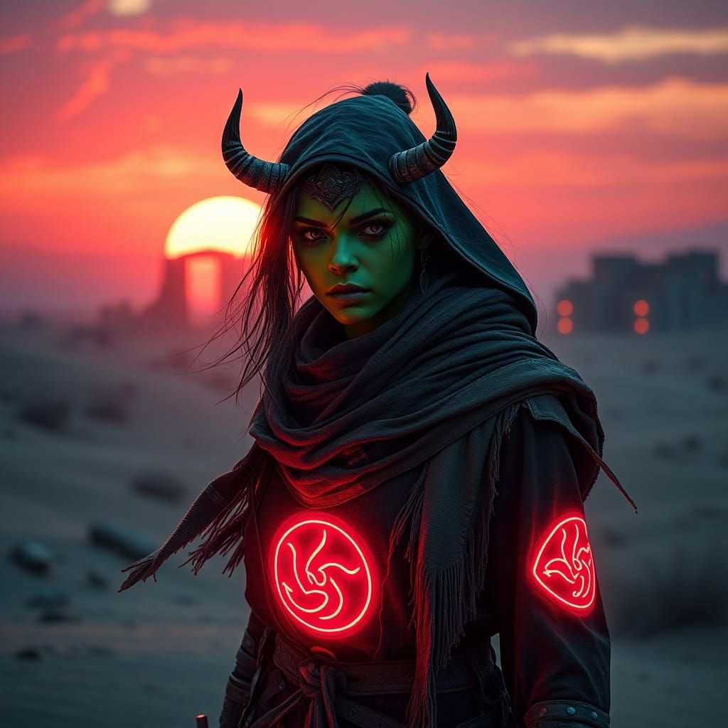 Female Orc in Cyberpunk Desert at Sunset