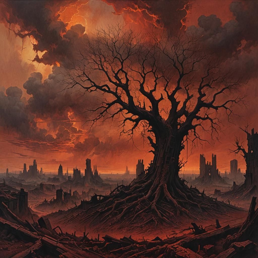 Beksinski-Inspired Surreal Landscape with Blazing Sky