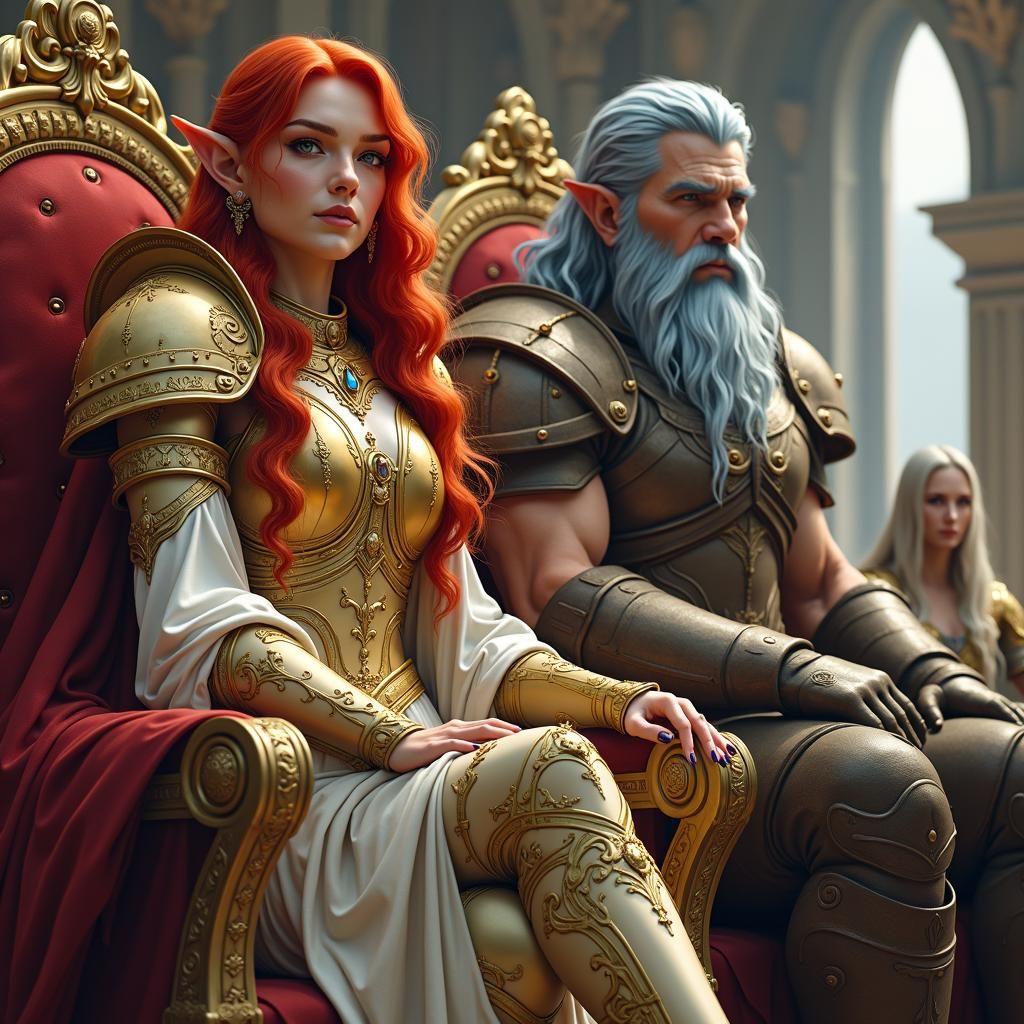 Beautiful red haired Half elf paladin In Gold and white armour with her large tall, muscley and strong paladin bodyguard...