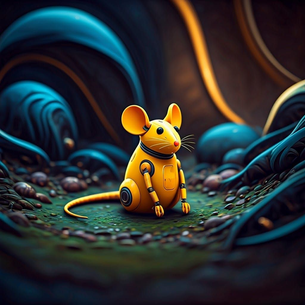 Yellow Robot Mouse in Detailed Fantasy Scene