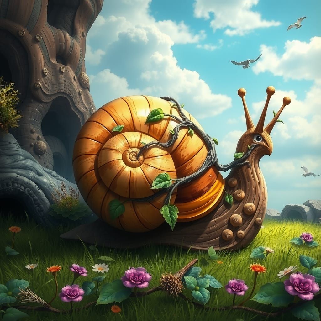Intricate Wooden Snail in Fantasy Landscape