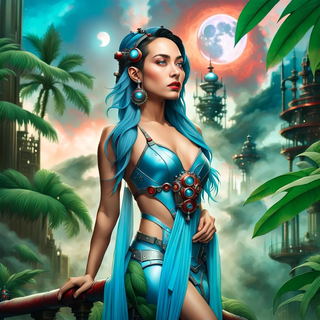 Steampunk Robot Portrait in Cyberpunk Cityscape