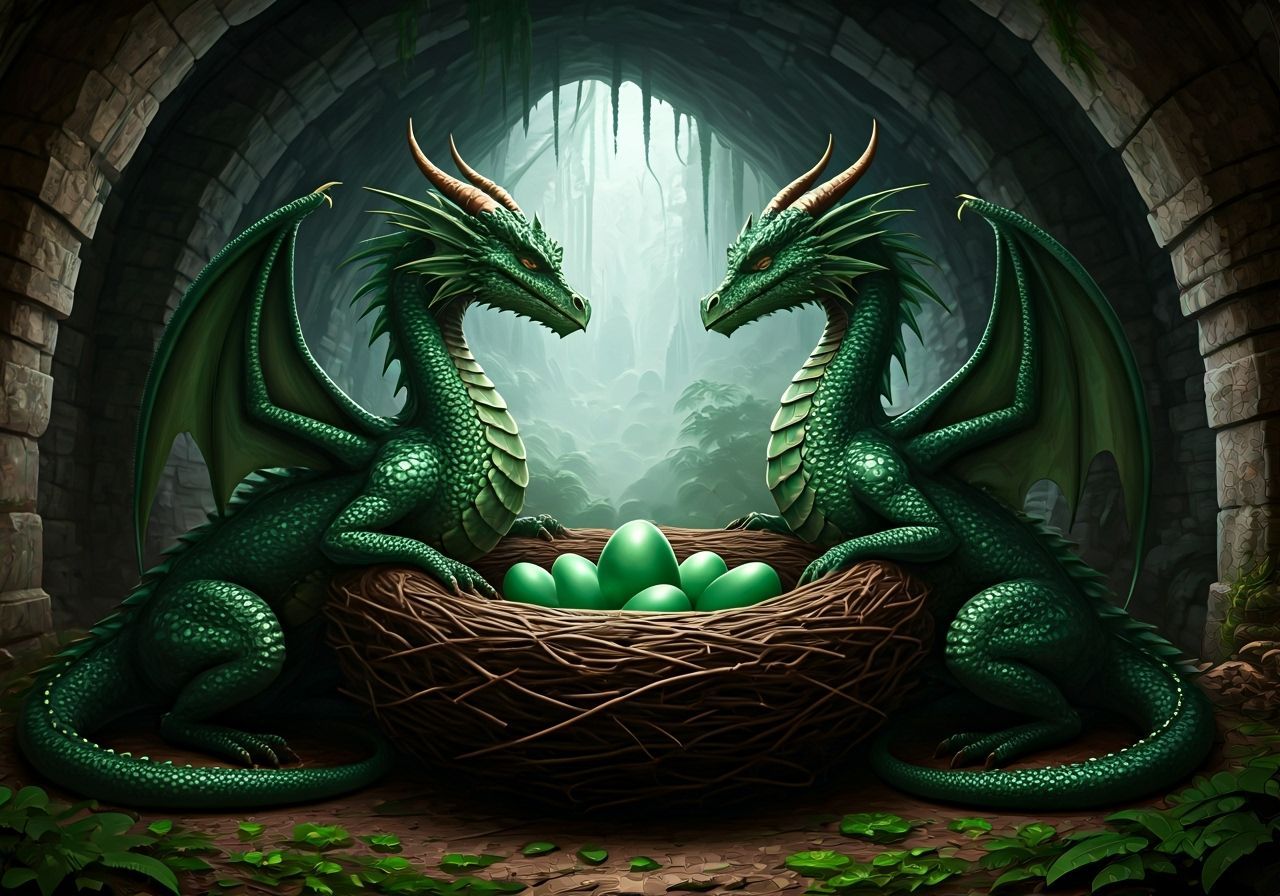 Emerald Dragons Guarding Nest in Mystical Cave