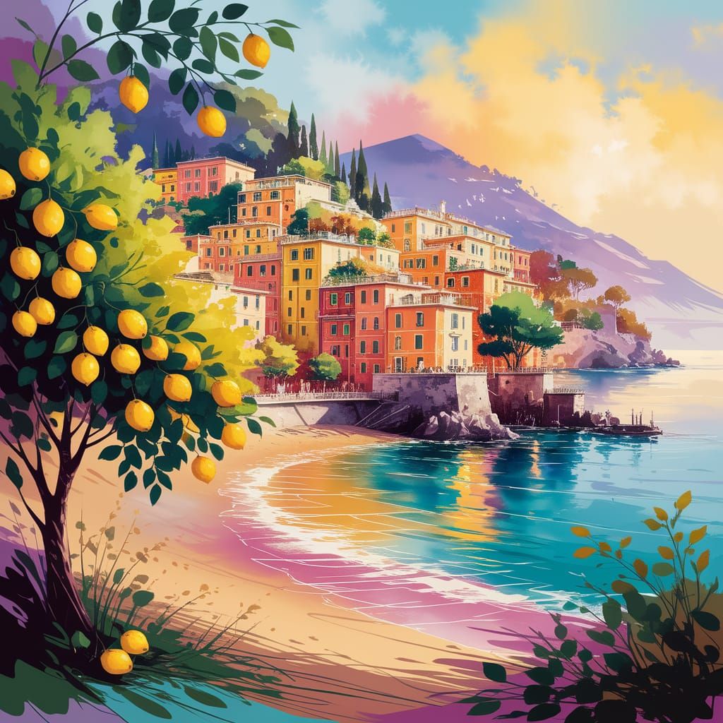 Amalfi Coast Watercolor: Colorful Buildings and Lemon Trees