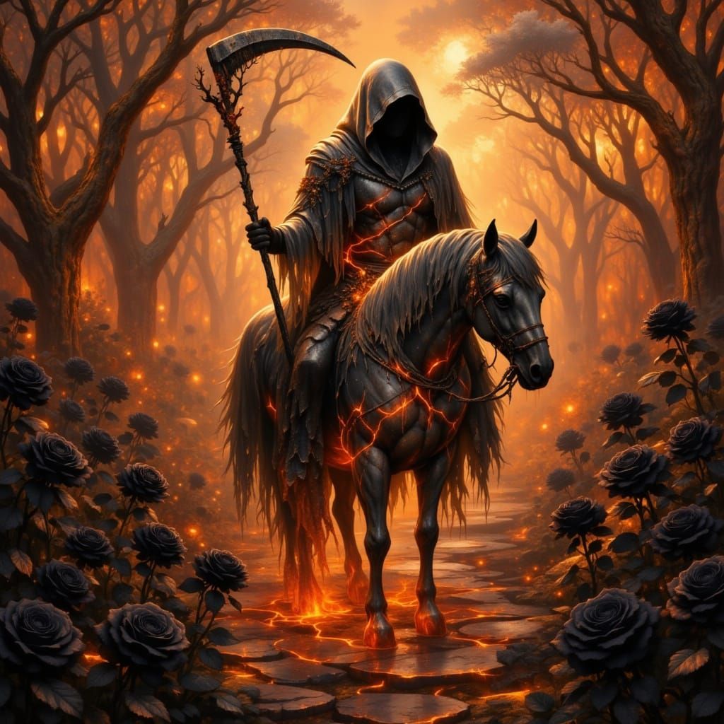 Hooded Figure with Scythe on Fiery Horse Amidst Black Roses