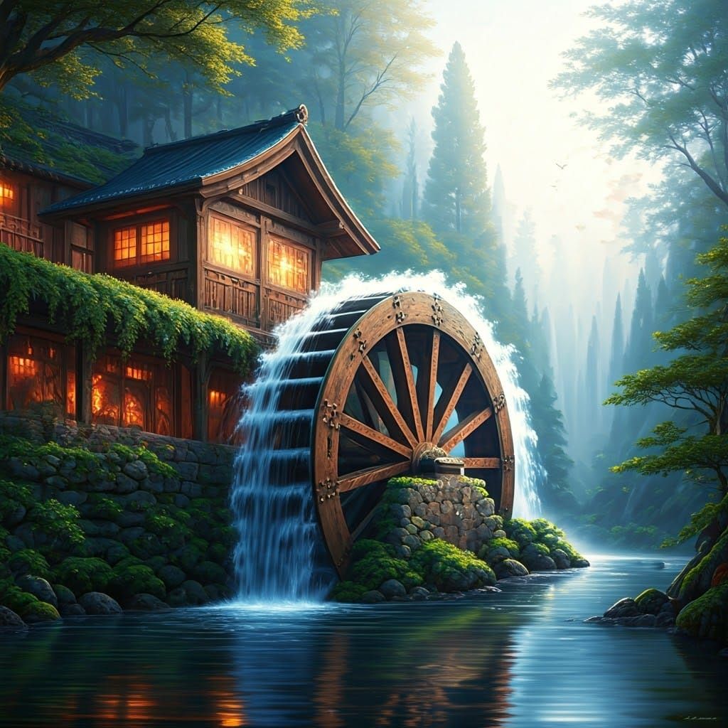 Ethereal Waterwheels in a Whimsical Fantasy Realm