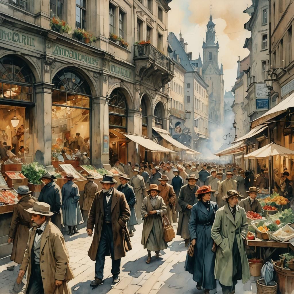 Historical Market Street Scene in Watercolor Style