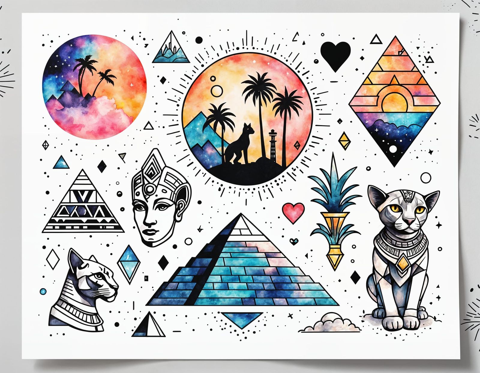 Geometric Tattoo Sheet with Classic Tattoo Ideas