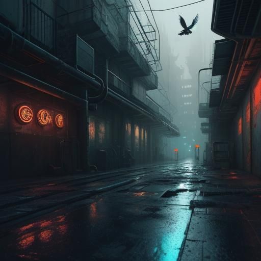 Cyberpunk Magpie Chick in Alleyway