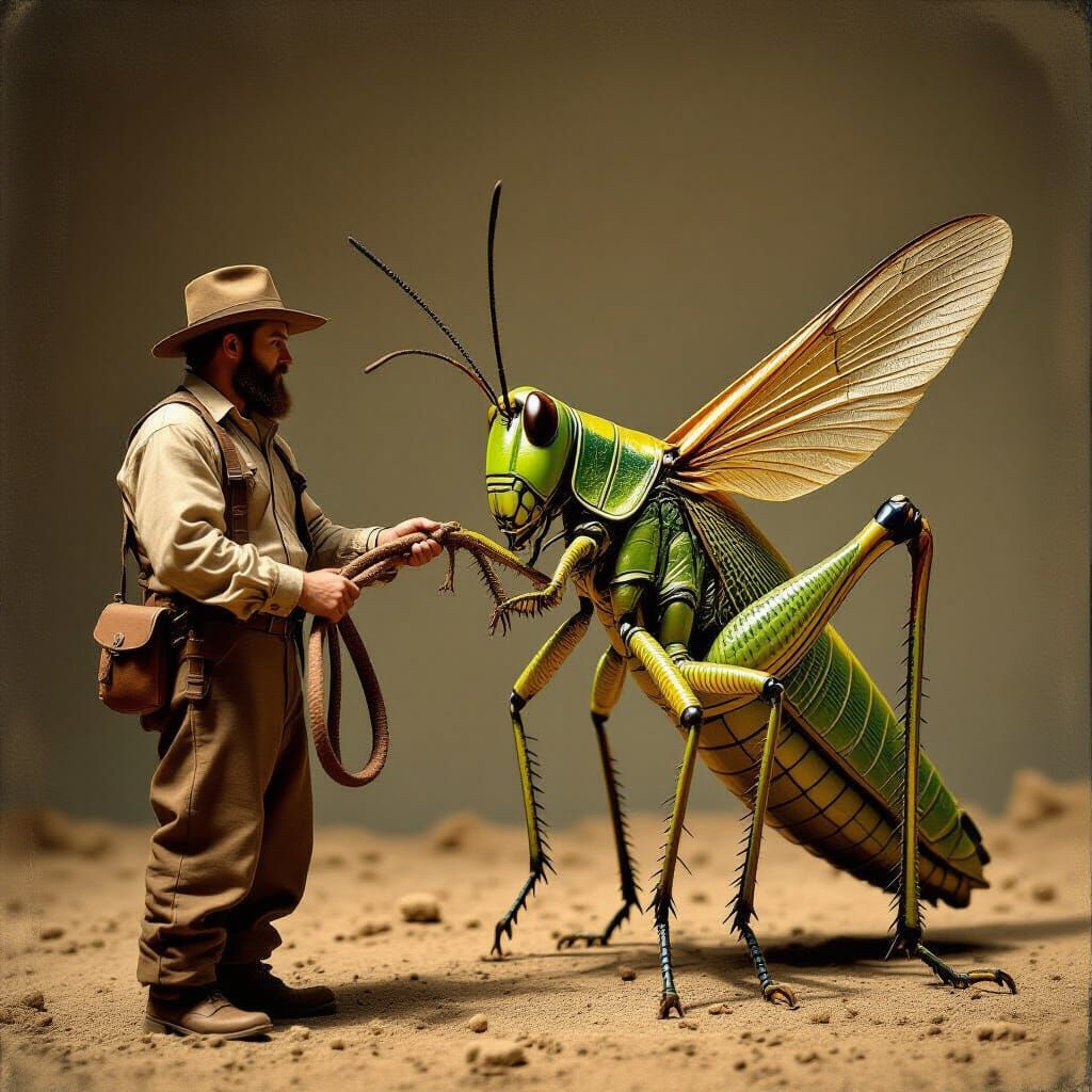 Vintage Photo: Man Leashing a Giant Grasshopper