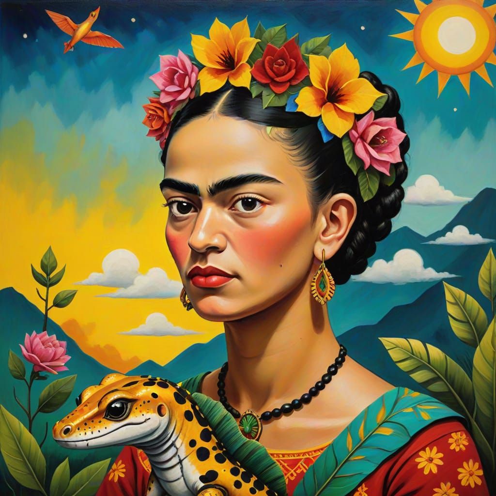 Vibrant Salamander Portrait in the Style of Frida Kahlo
