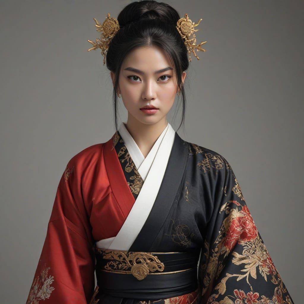 Elegant East Asian Warrior Maiden with Katana Swords