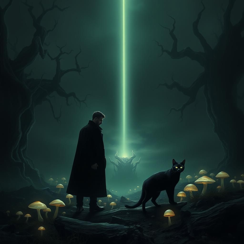 Eerie Gothic Landscape: Man, Cat, and Luminescent Mushrooms