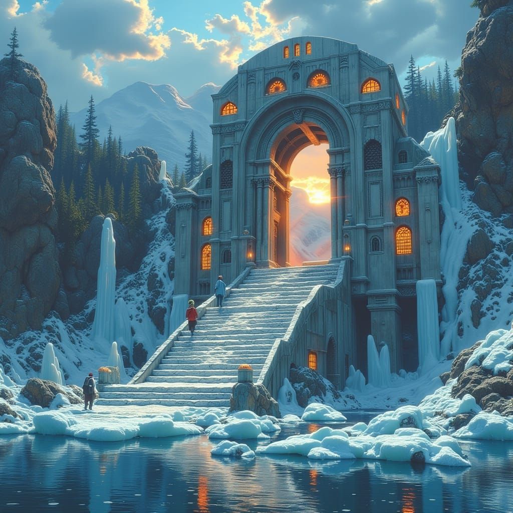 Primal Mythtech Temple at Sunrise in Icy Mountains