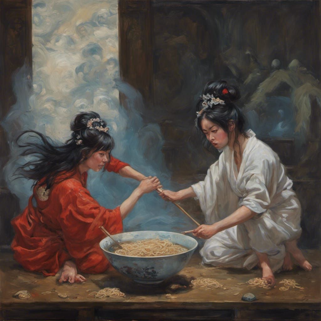 Goddesses Battle Over Ramen Bowl: Oil Painting