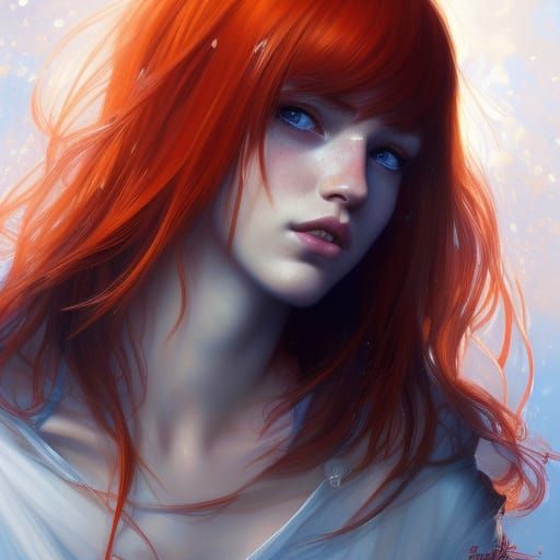 Detailed Portrait of a Red-Haired Girl in Art Nouveau Style