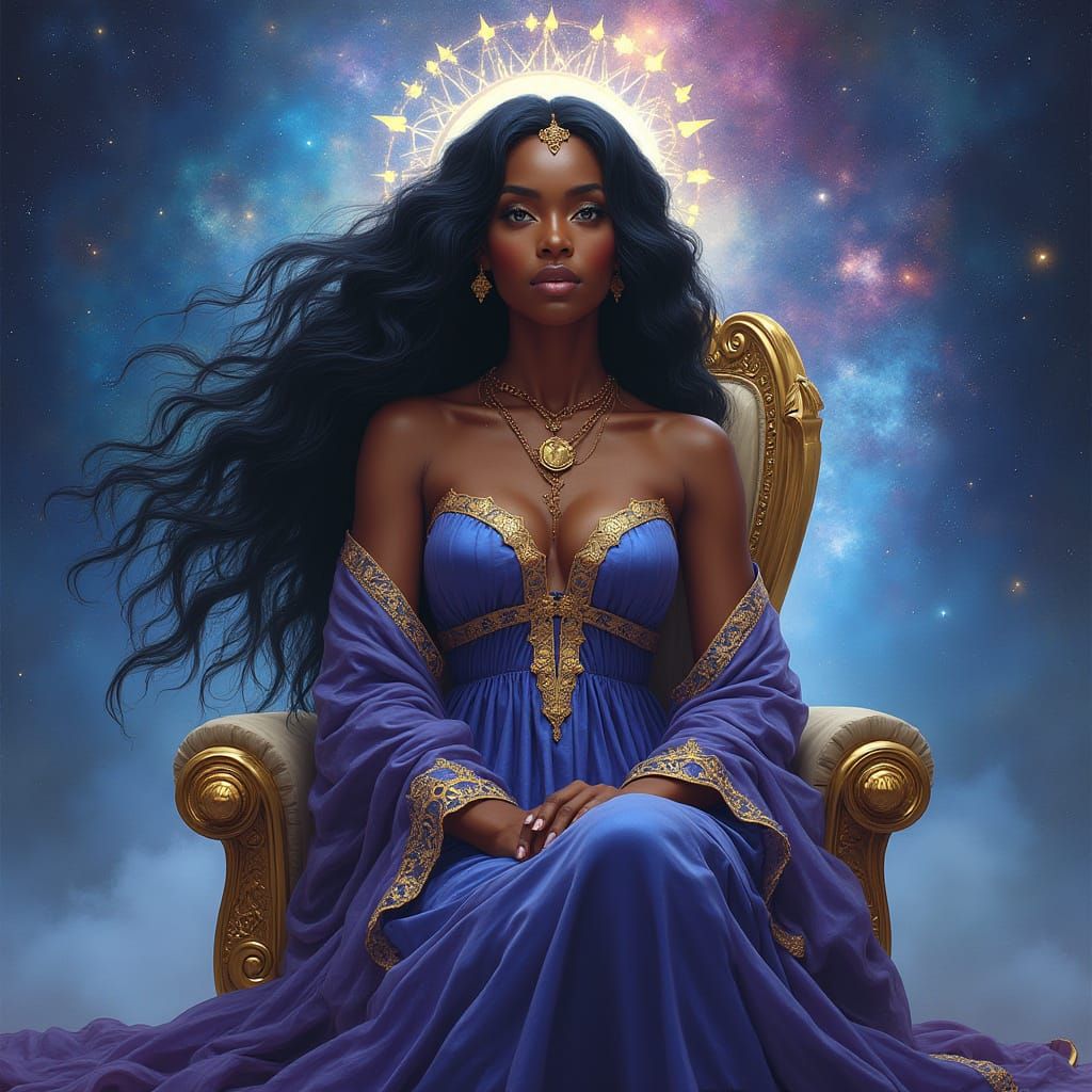 Stunning Woman on Starlight Throne in Art Nouveau Style