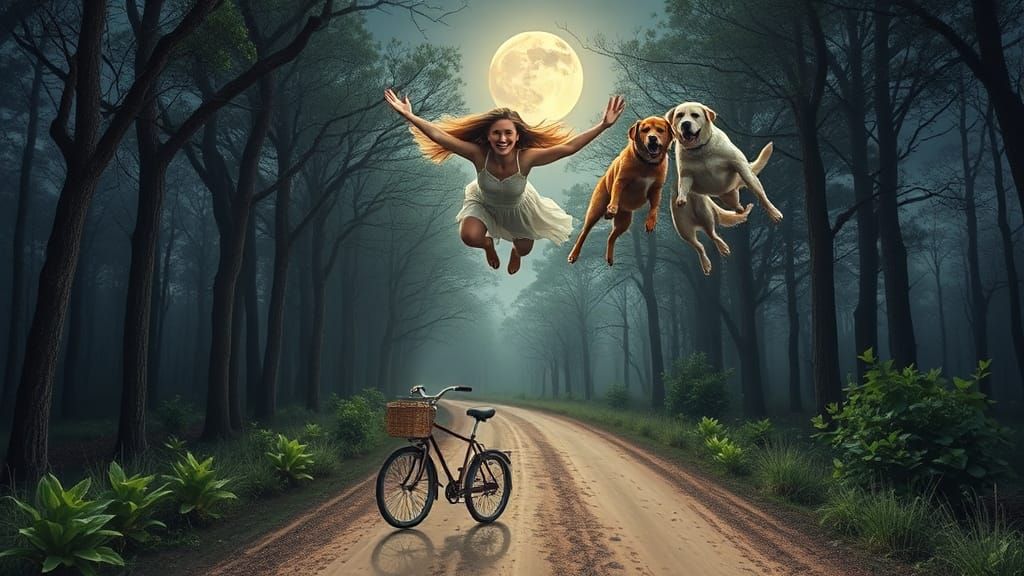 Woman Soars with Dogs in Magical Forest