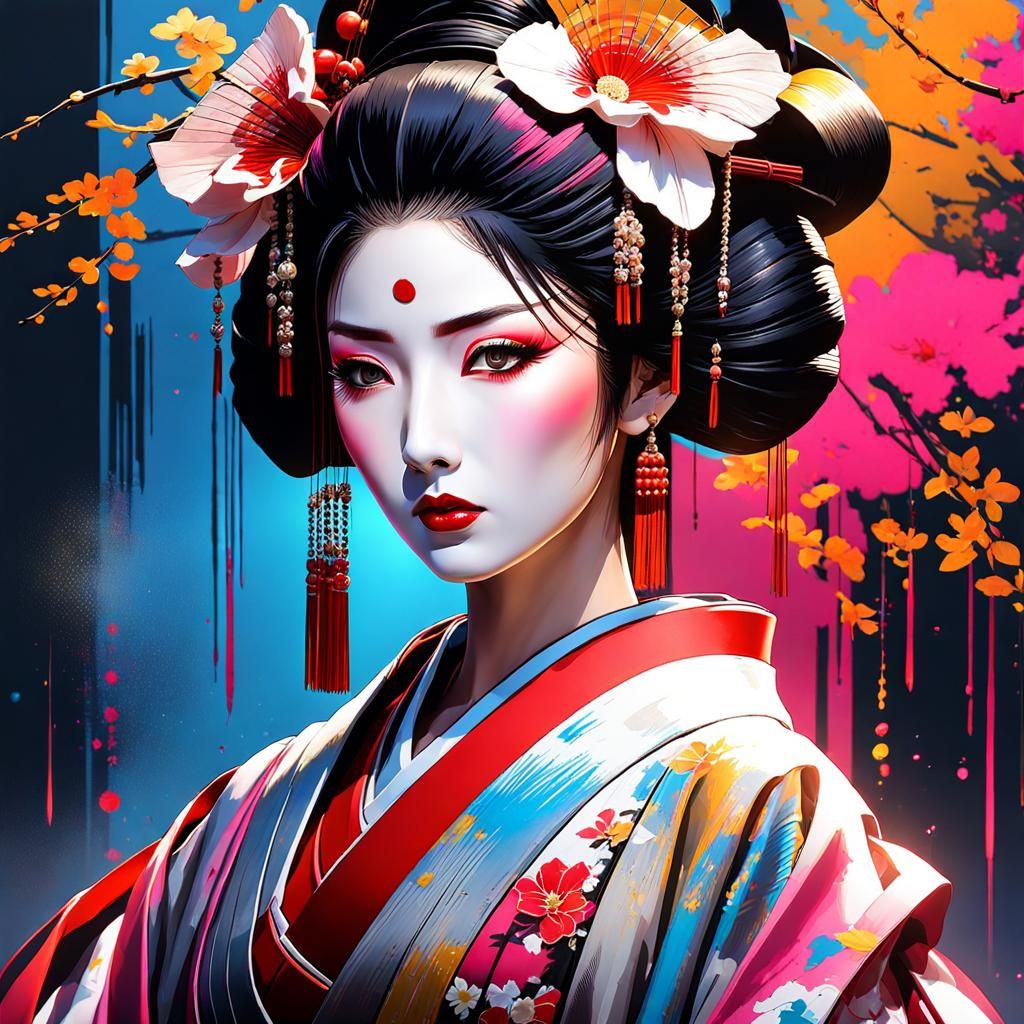 Geisha Portrait in Japanese Clothing: Graffiti Art Style