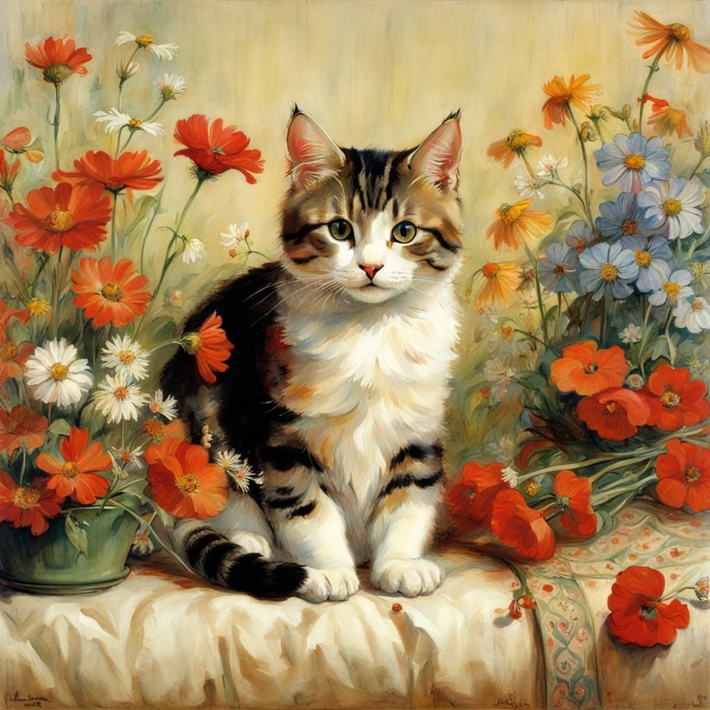 Cat with Flowers in Arts and Crafts Style