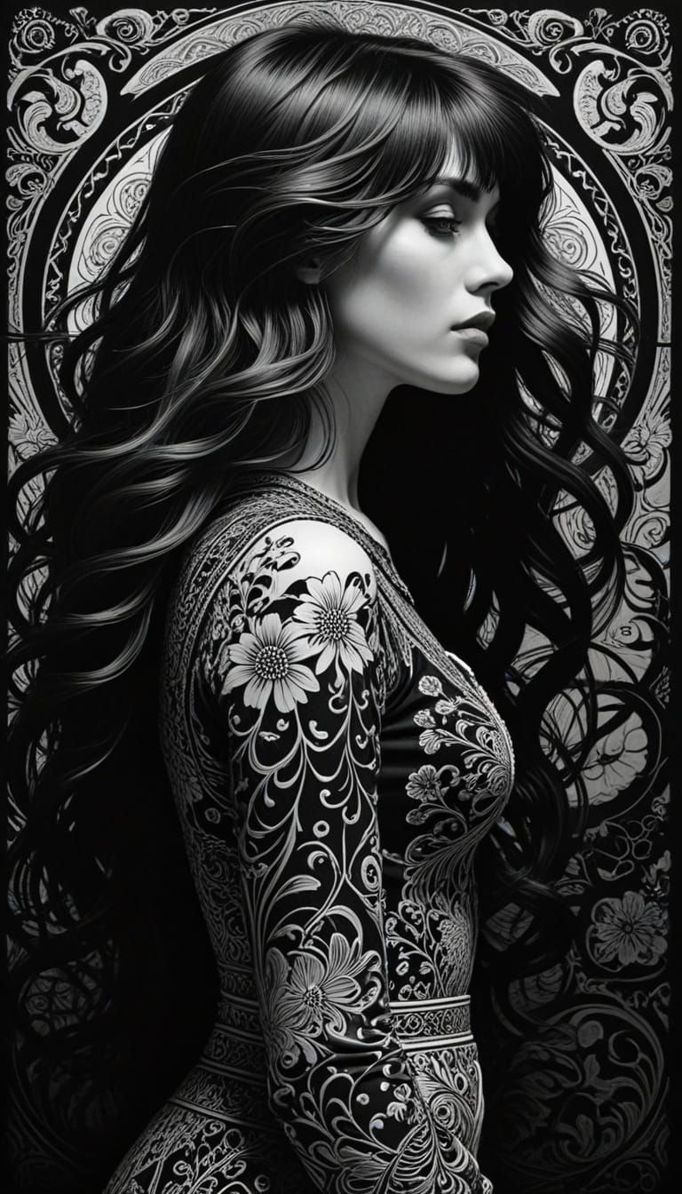 Elegant Line Art Portrait in the Style of Aubrey Beardsley