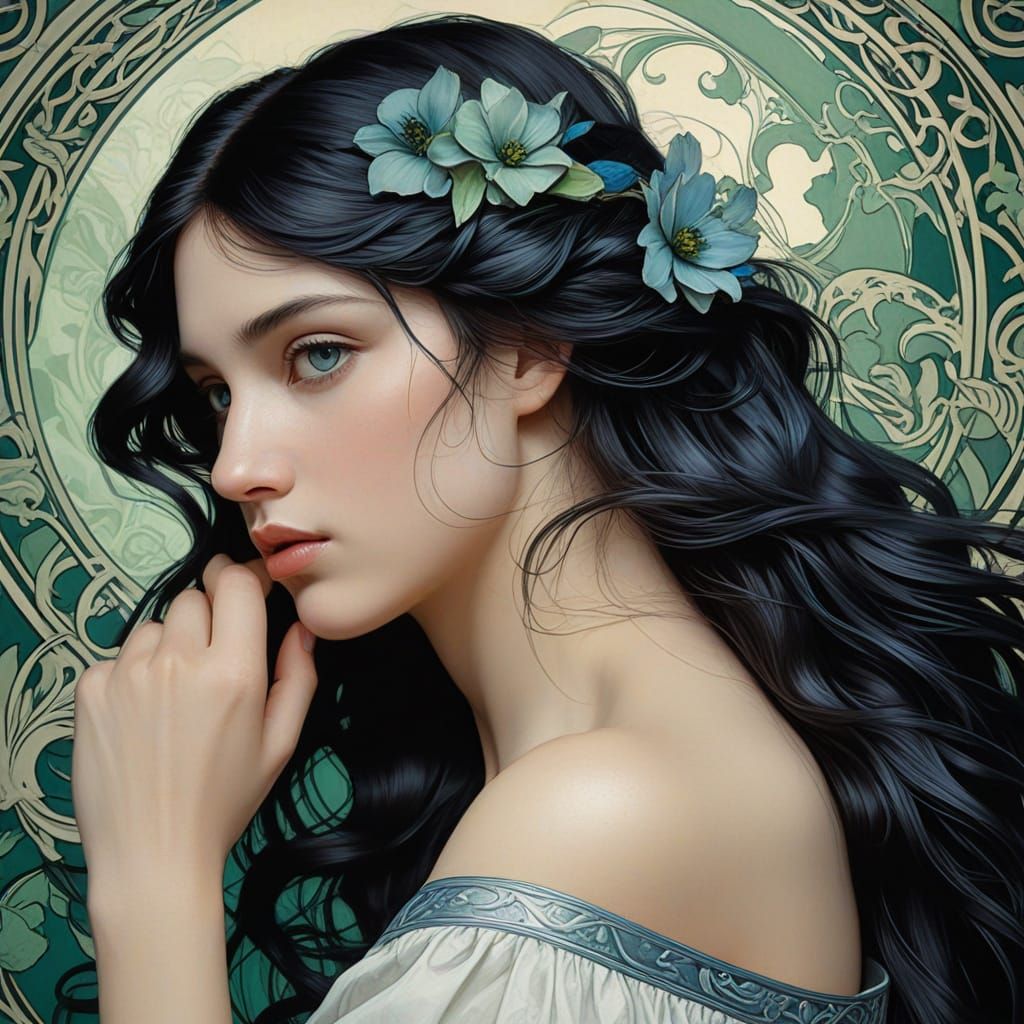Art Nouveau Portrait of Aphrodite with Blue Accent