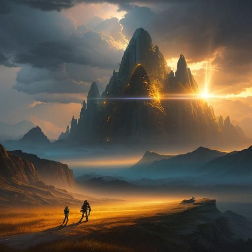 Futuristic Landscape with Sunshine Rays and Thunderstorm