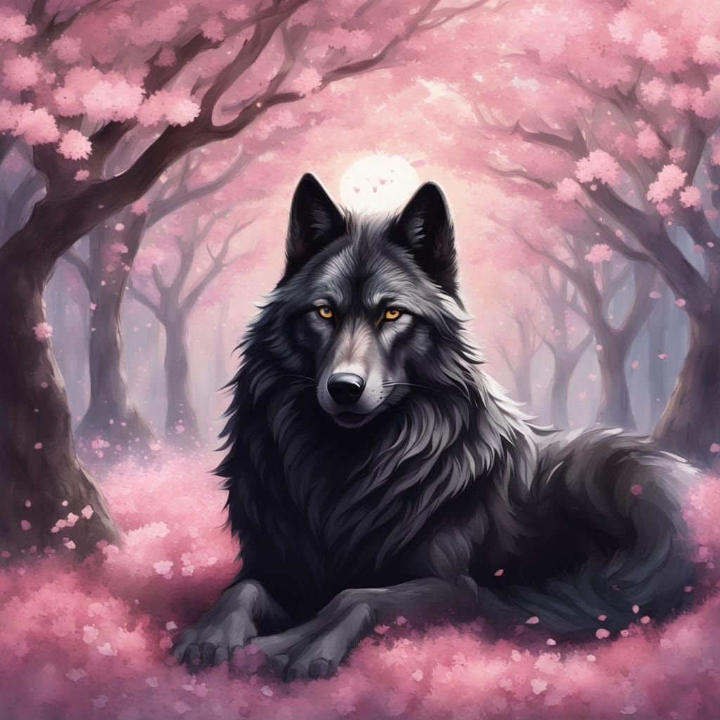Majestic Black Wolf Sleeps Amidst Cherry Blossoms