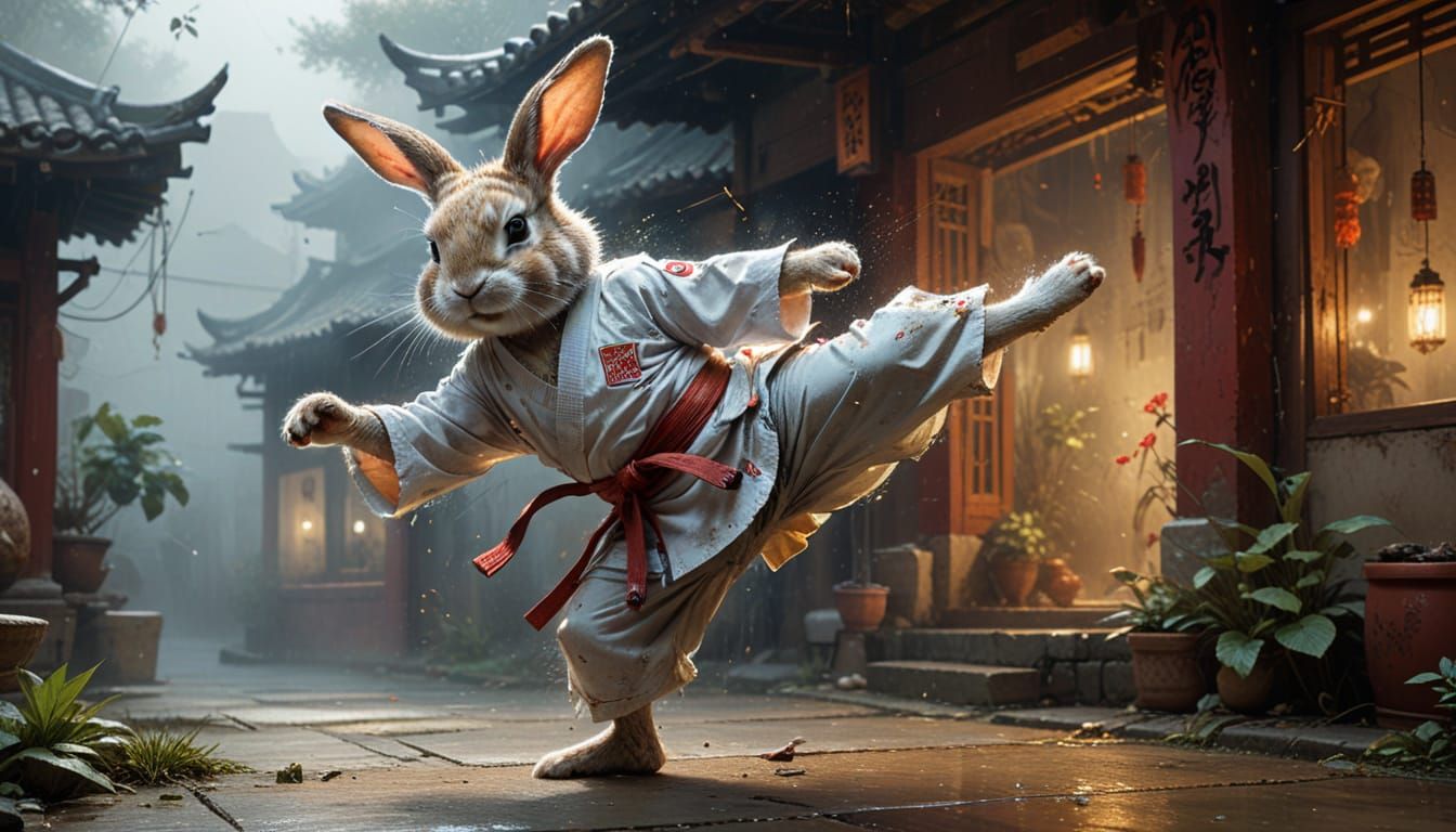 Karate Master Rabbit in Asian Courtyard