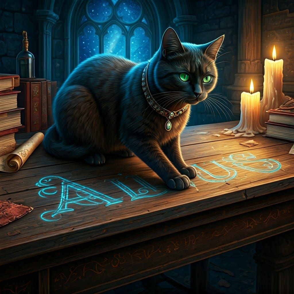 Majestic Black Cat in Enchanted Study