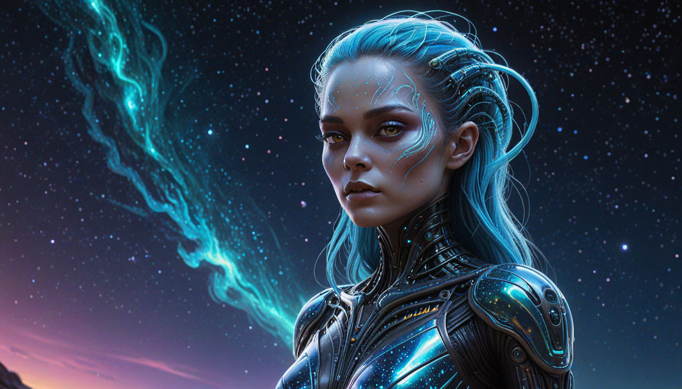 Realistic Cosmic Alien Goddess with Iridescent Hair and Glow...
