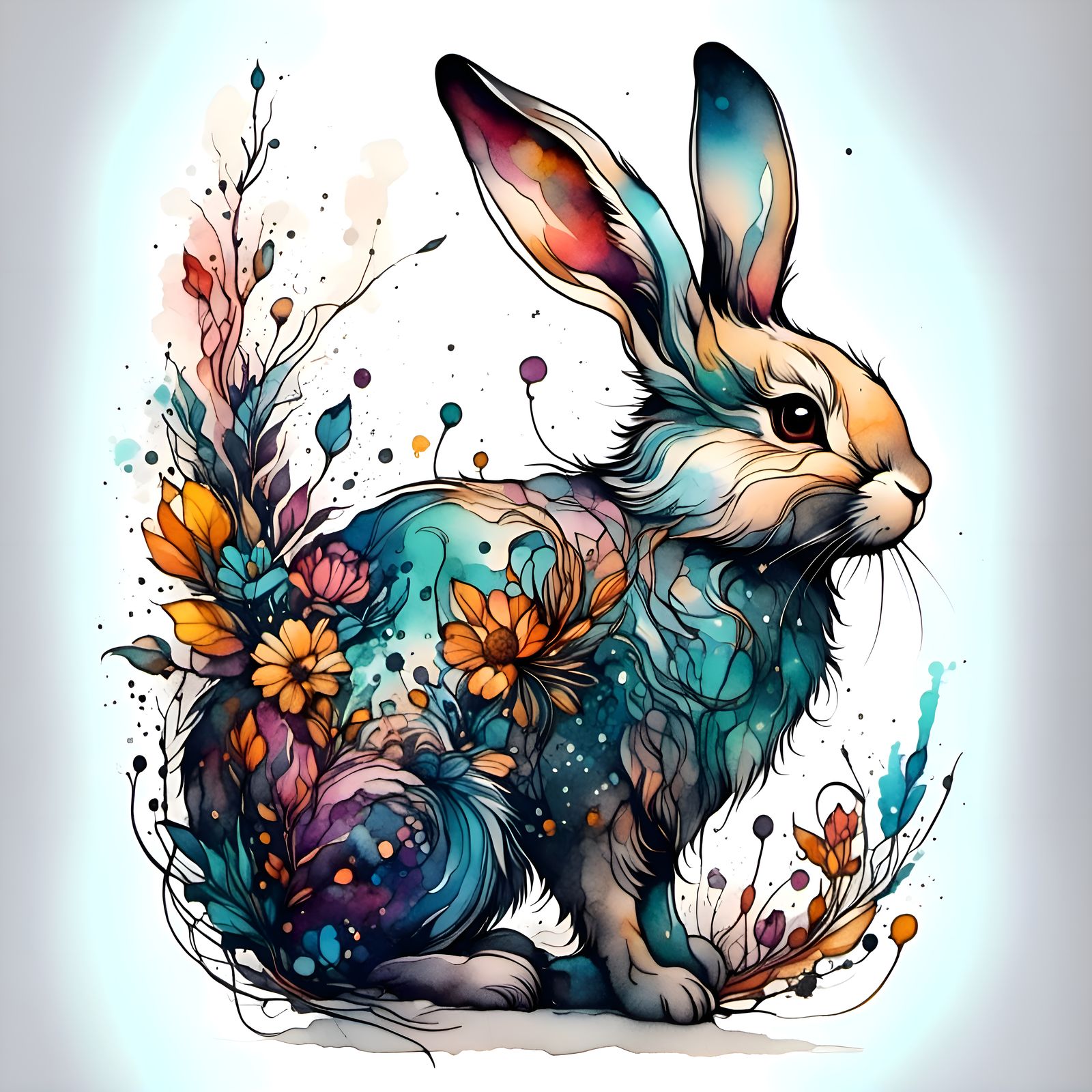 Adorable Rabbit Tattoo Design in Ink Line Art