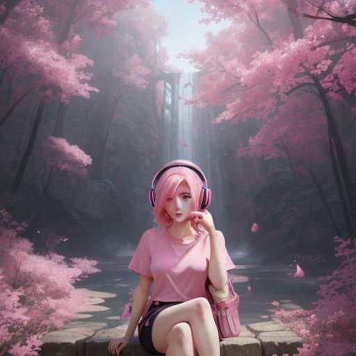 Pink Anime Girl Crying: Detailed Digital Art