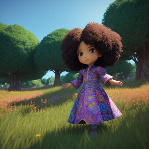Chibi Girl in Vibrant Psychedelic Meadow