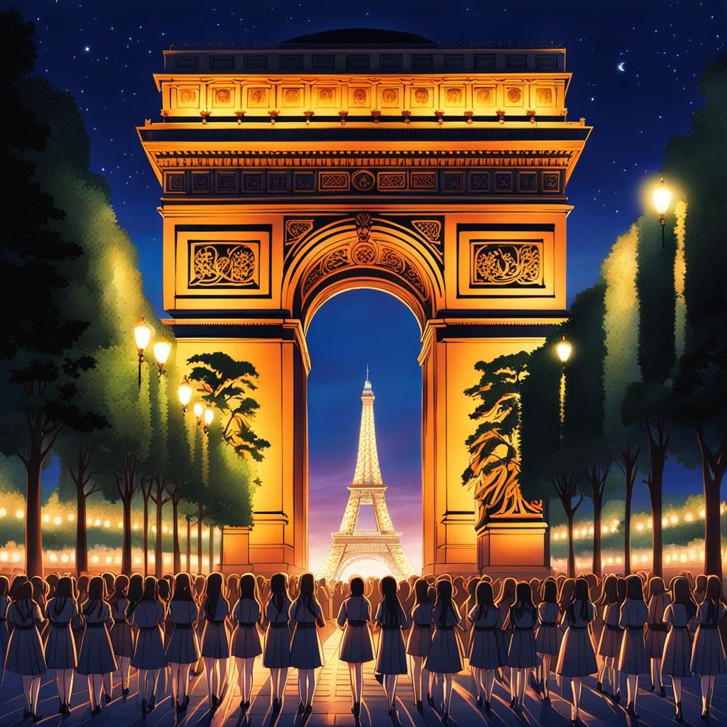 Arc de Triomphe Lit at Night: Anime Orchestra Performance