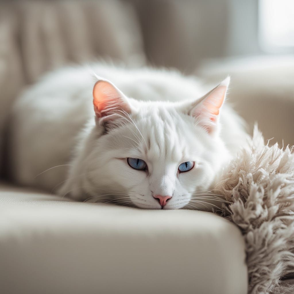 White Cat Sleeping Peacefully on Couch in Warm Light