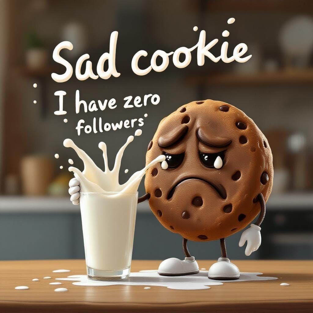 Sad Cookie with Zero Followers in Milk
