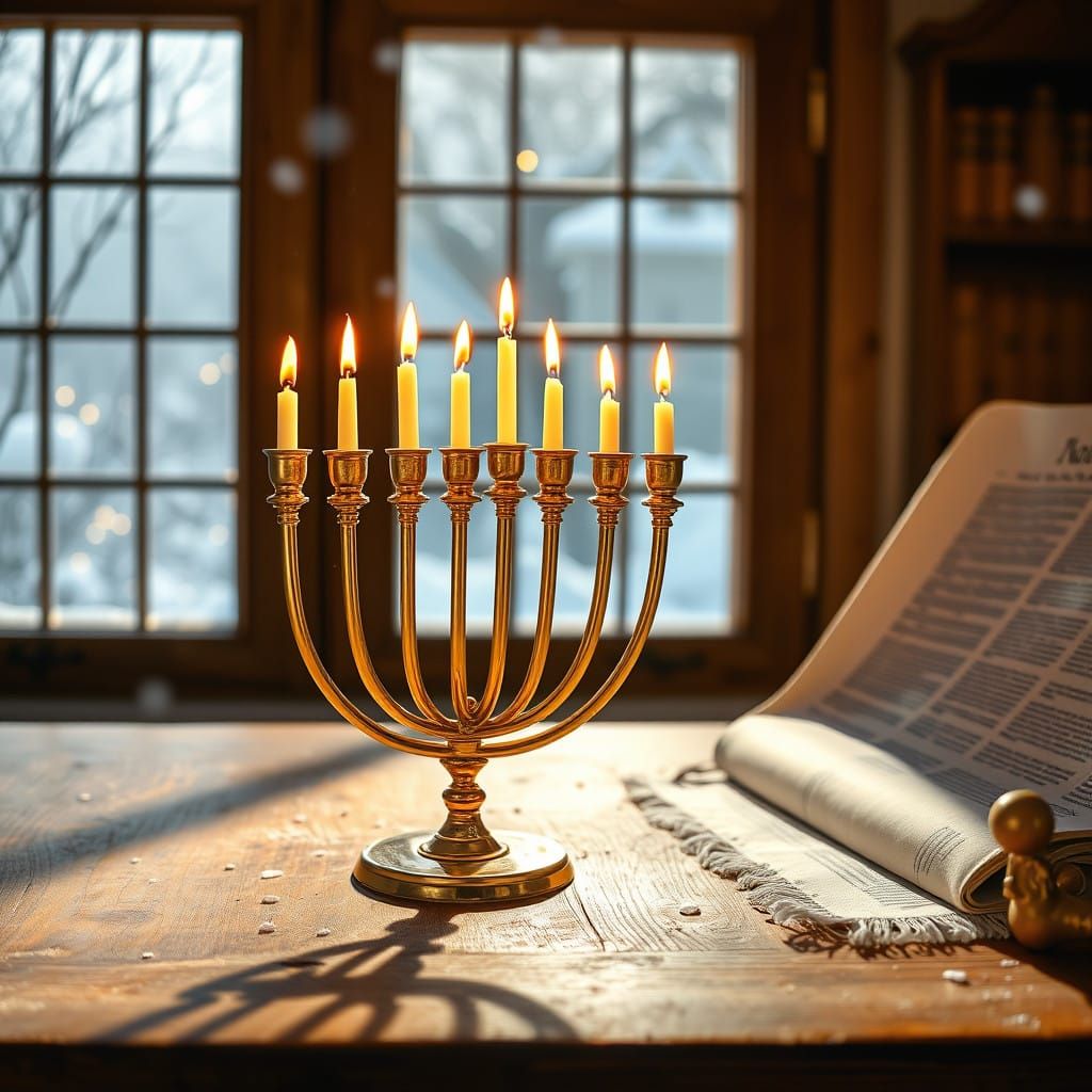 Golden Hanukkah Candle Illuminates Winter Scene in Vibrant C...