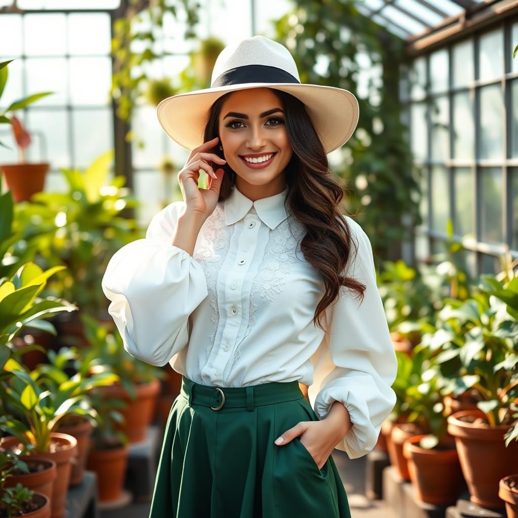 Ethereal Greenhouse Goddess in Retro Chic Attire
