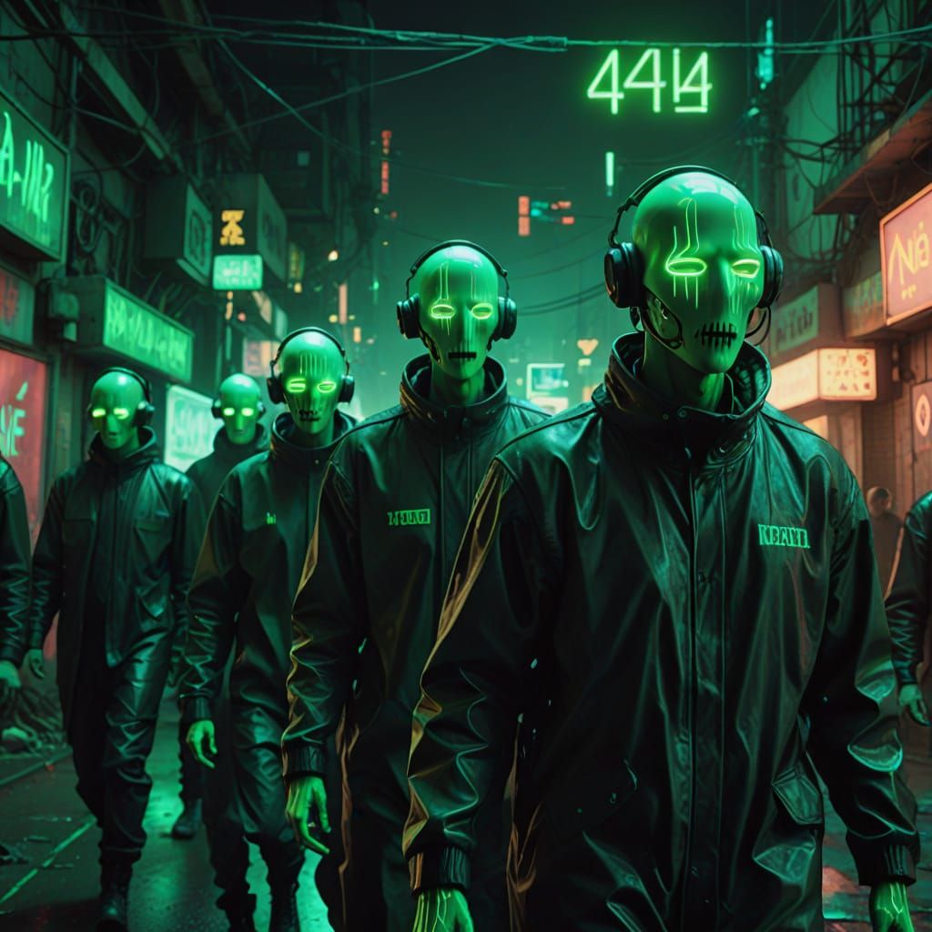 Cyberpunk Surrealism: Faceless Humanoids in a Digital Void