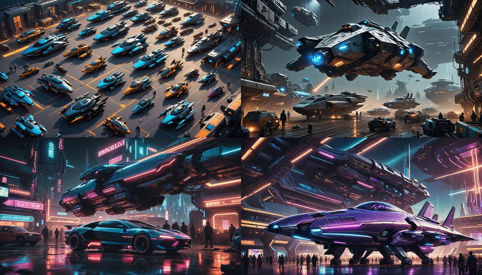 Future Vehicle Lot Selling Spacecraft in Cyberpunk Style