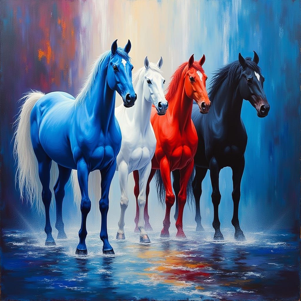Four Horses in Dynamic Painterly Style by Waterfall