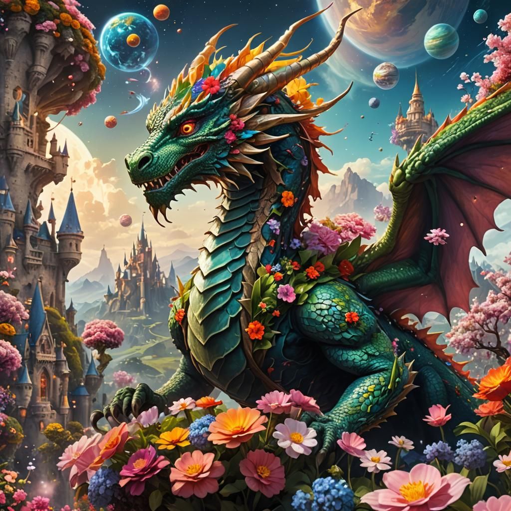 Fantasy Flower Dragon with Flower Castle Concept Art