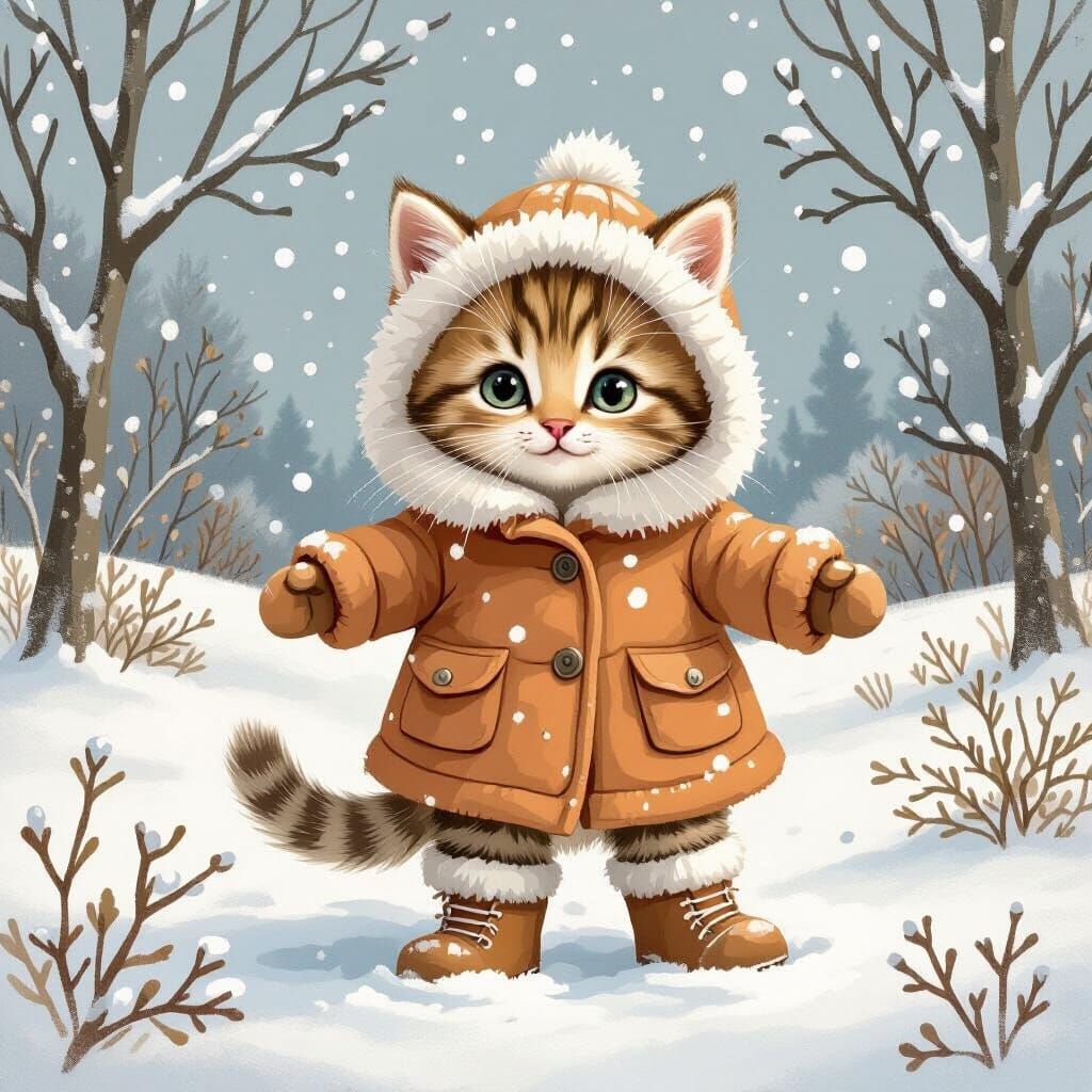 Whimsical Kitten in Winter Landscape Illustration