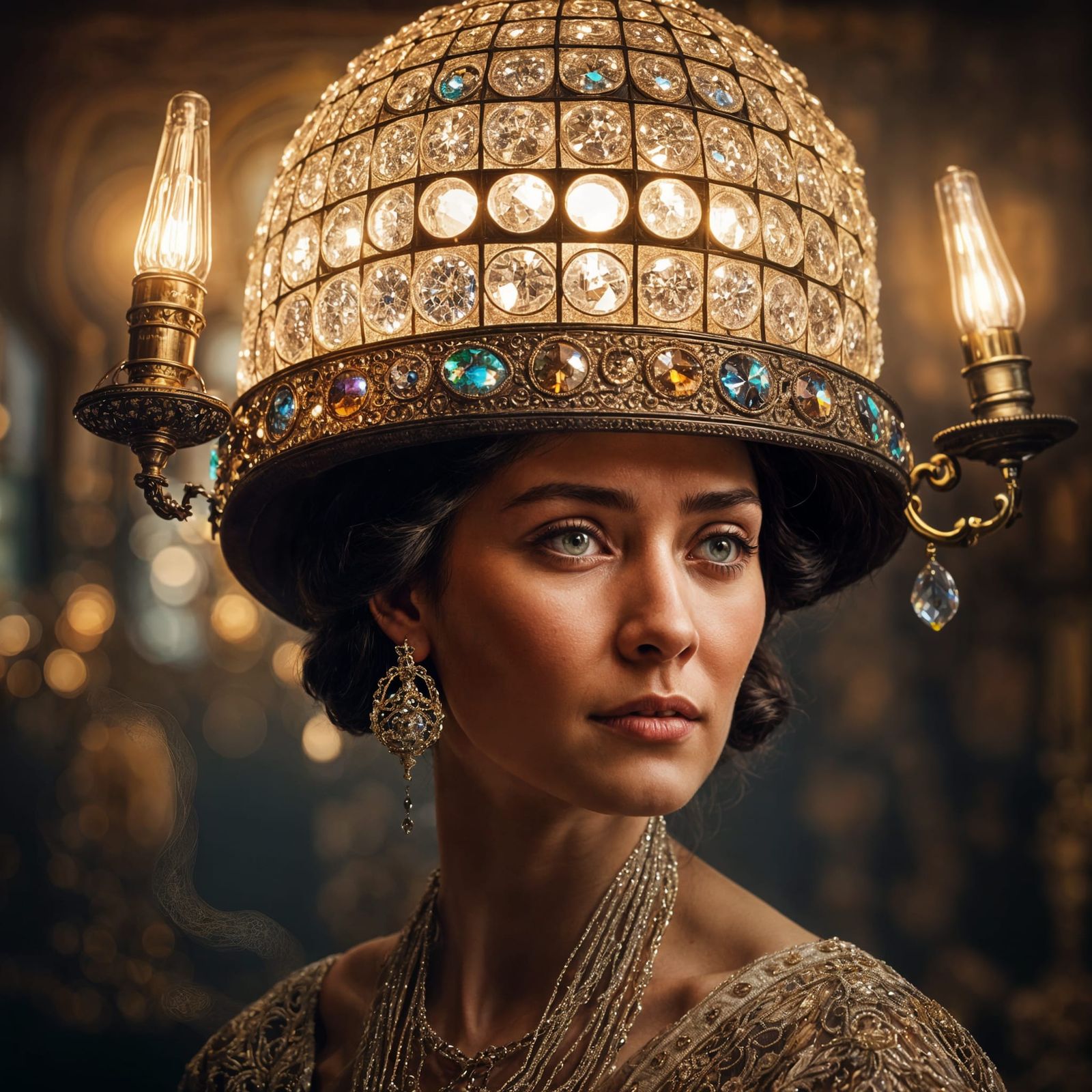 Woman Adorns Crystal Lamp Hat: Photorealistic 8K
