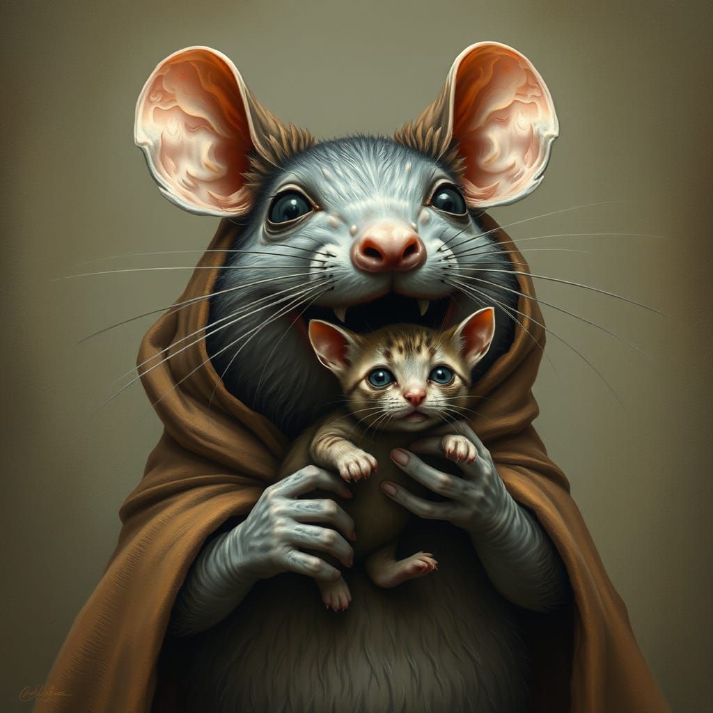 Rat with Tiny Cat, Art Nouveau Style